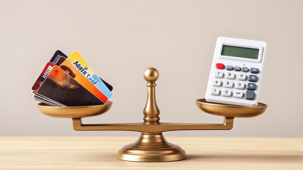 A balanced scale with credit cards on one side and a calculator on the other, symbolizing the decision-making process for choosing the right number of credit cards.