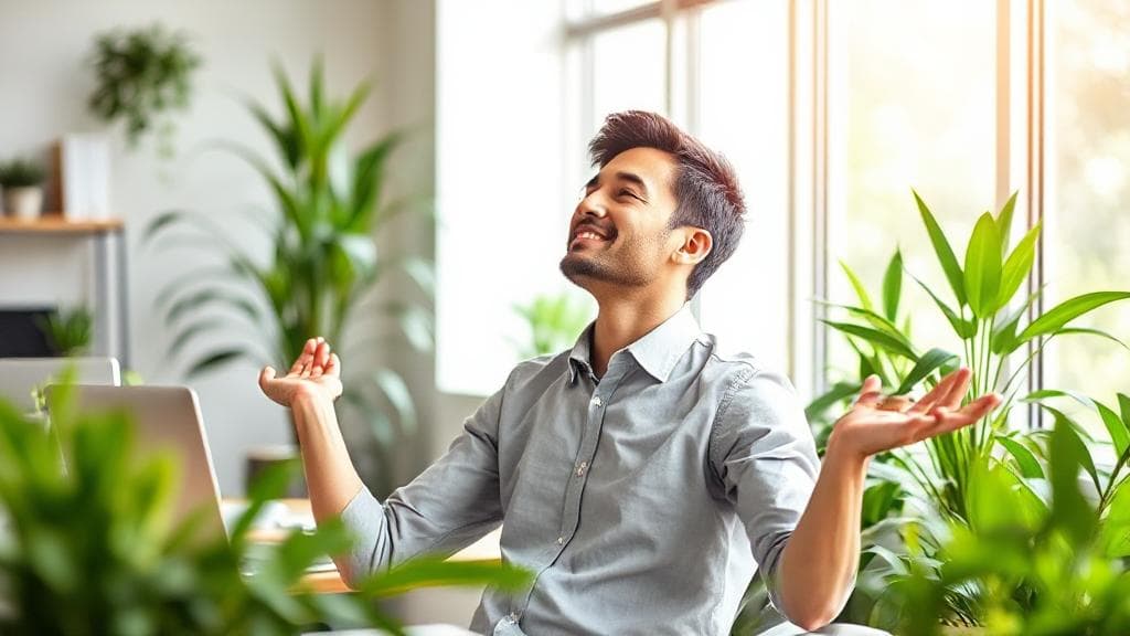 A calm workspace with a relaxed professional taking a mindful break, surrounded by greenery and soft natural light, symbolizing balance and well-being at work.