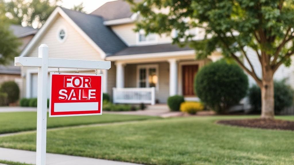 A serene suburban home with a "For Sale" sign, symbolizing the decision-making process in mortgage refinancing.