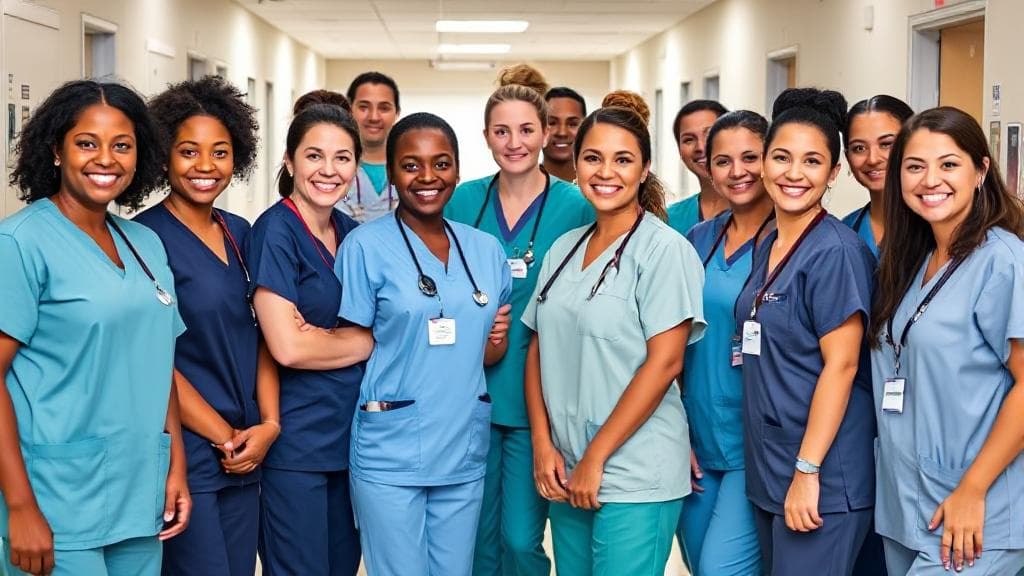 A diverse group of nurses in scrubs, smiling and standing together in a hospital setting, symbolizing teamwork and dedication in the nursing profession.