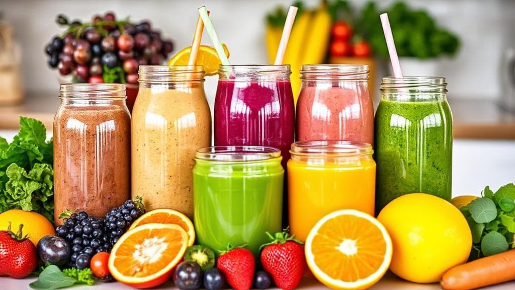 A vibrant assortment of colorful smoothies in glass jars surrounded by fresh fruits and leafy greens on a bright kitchen countertop.