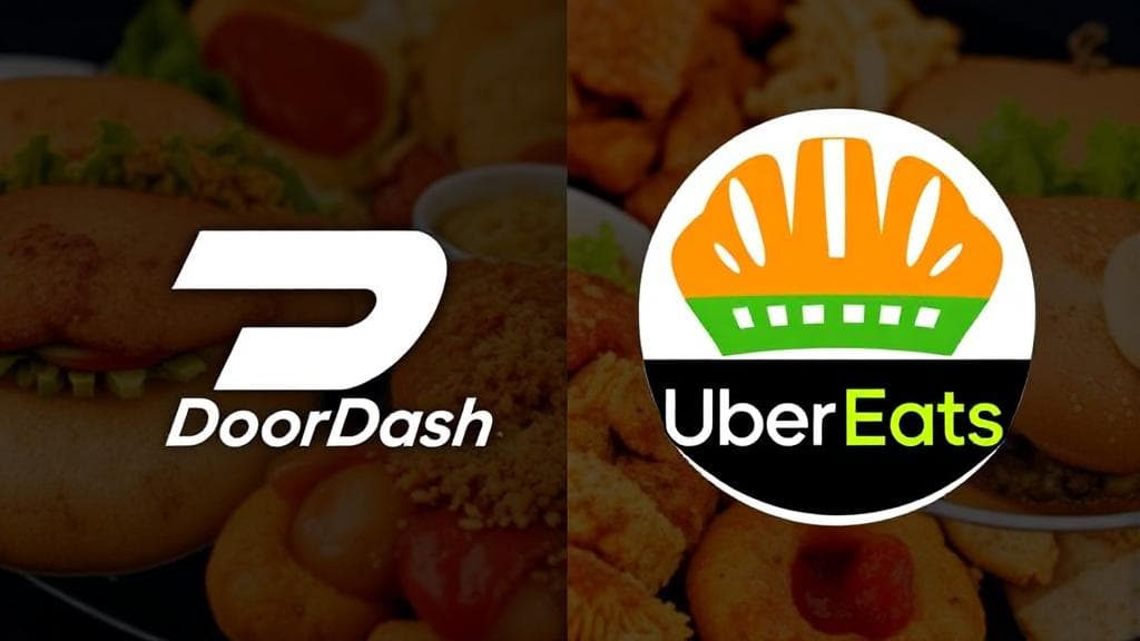 A split-screen image showing the DoorDash and UberEats logos with a background of various food items and dollar signs.