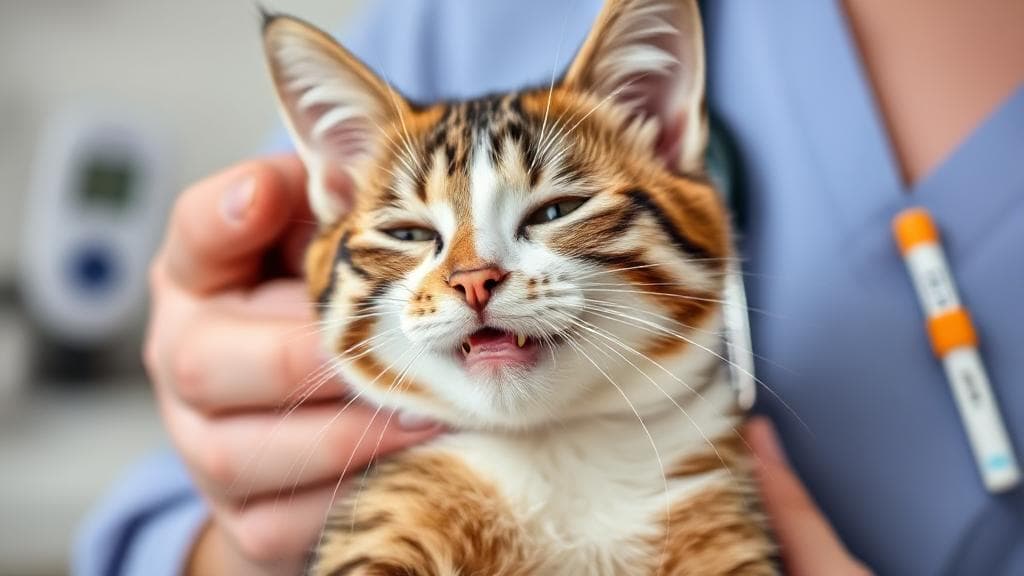 A close-up image of a content cat being gently held by a veterinarian, with a glucose meter and test strip visible in the background.
