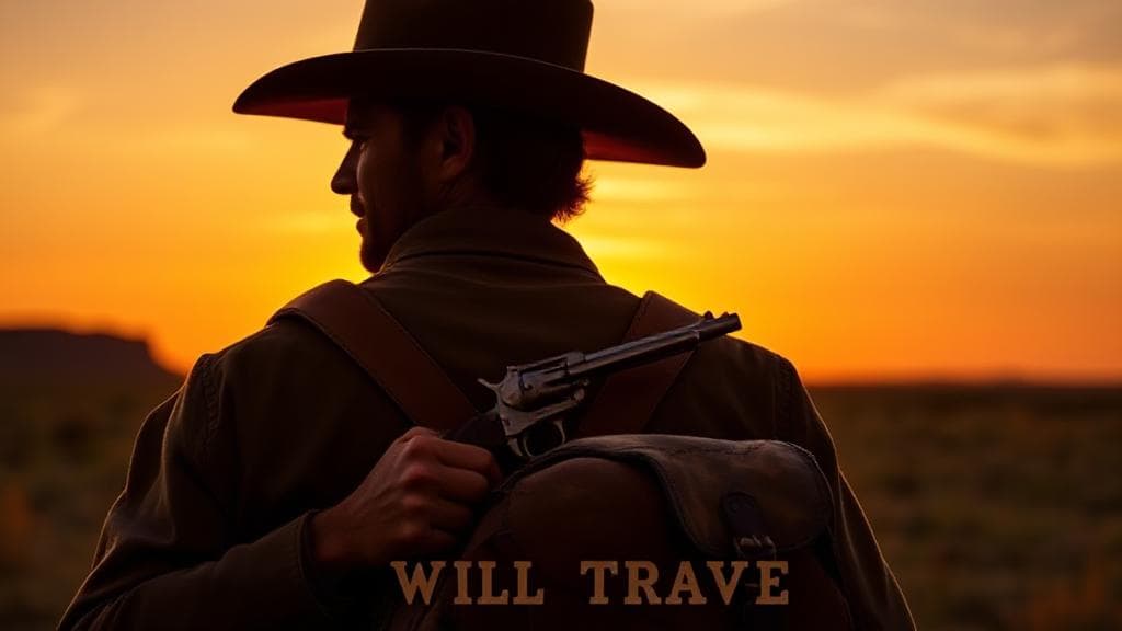 A rugged cowboy silhouette against a sunset backdrop, with a vintage revolver and a travel-worn saddlebag, capturing the essence of the classic Western series "Have Gun – Will Travel."