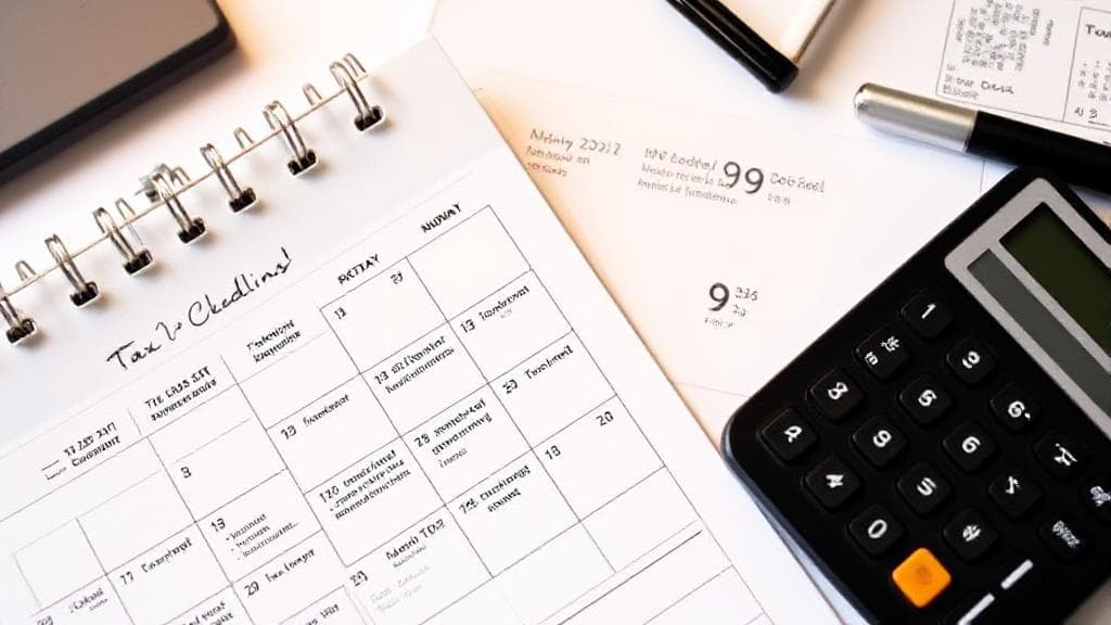 A calendar marked with important tax deadlines and a calculator resting on a desk, symbolizing the crucial dates for business tax filings in 2024.