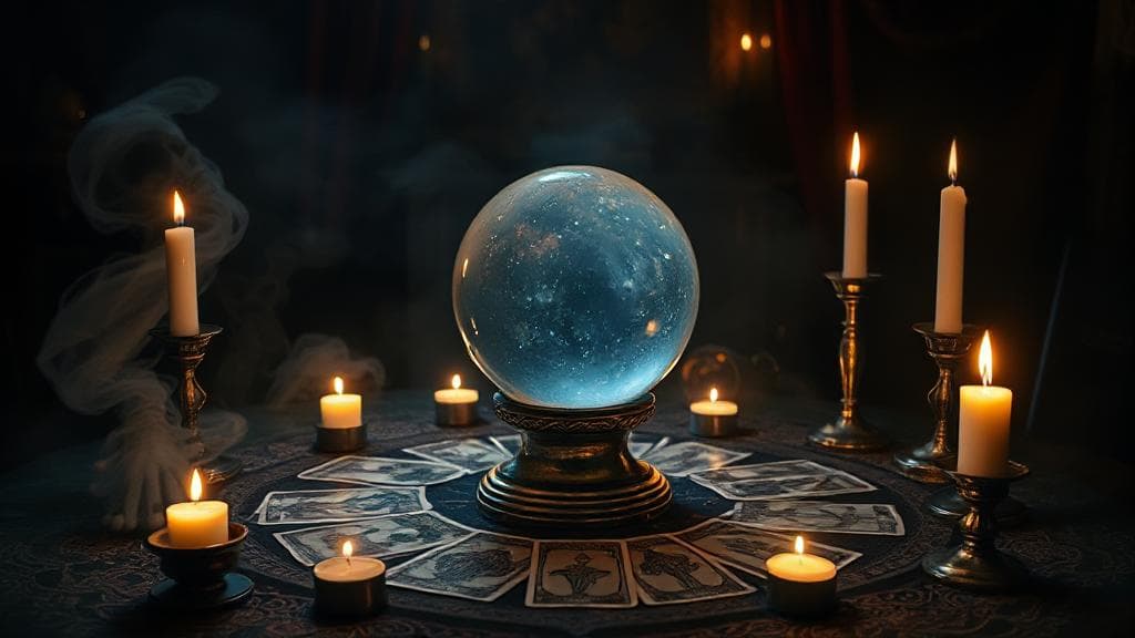 A mysterious, dimly lit room with a crystal ball and tarot cards on a table, surrounded by flickering candles, evoking the enigmatic atmosphere of a medium's séance.