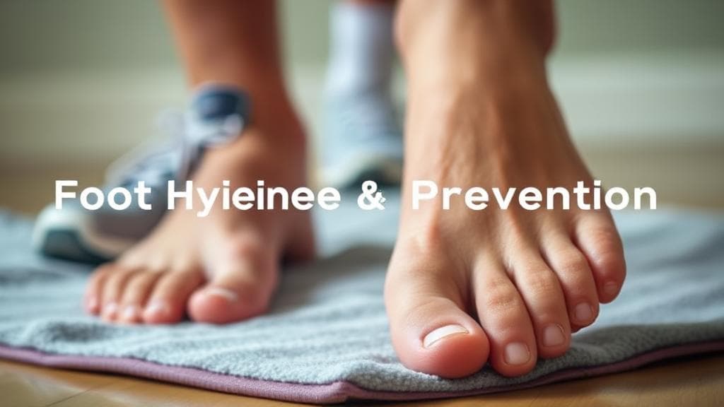 A close-up of clean, bare feet on a towel with athletic shoes and socks in the background, emphasizing foot hygiene and prevention.