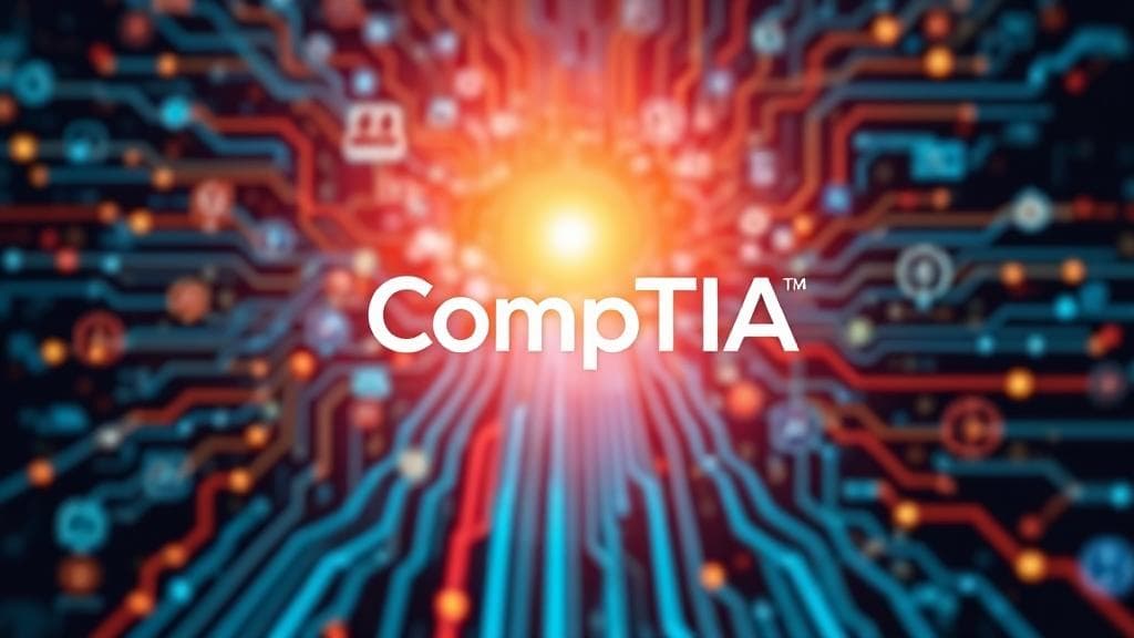 A dynamic collage of digital icons and circuit patterns symbolizing IT pathways, overlaid with the CompTIA logo.