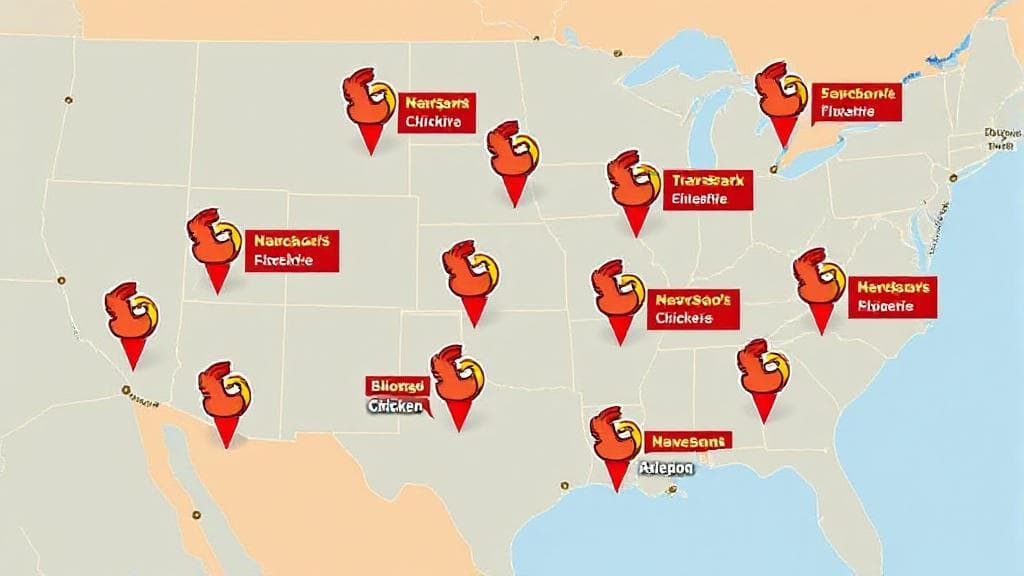 A vibrant map highlighting various Dave's Hot Chicken restaurant locations with a fiery chicken logo marking each spot.