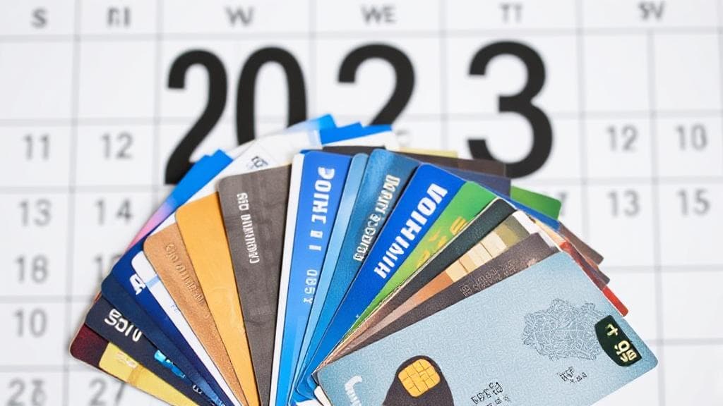 A collage of various credit cards fanned out against a backdrop of a calendar marked with "2023."
