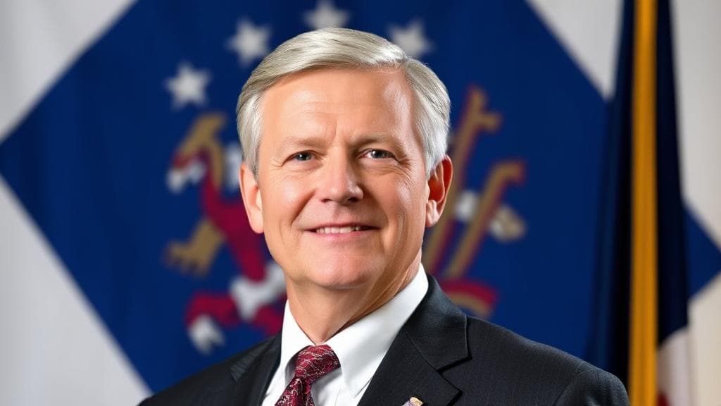 A professional portrait of Indiana's current governor standing in front of the state flag.