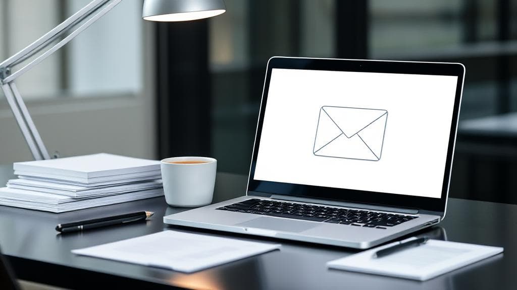 A sleek, modern desk setup featuring a laptop displaying an open email, surrounded by professional stationery and a cup of coffee, symbolizing effective business communication.