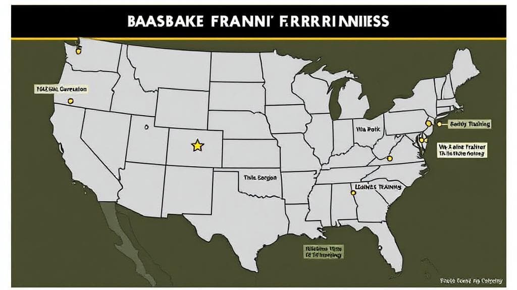 A map highlighting the locations of U.S. Army basic training sites across the country.