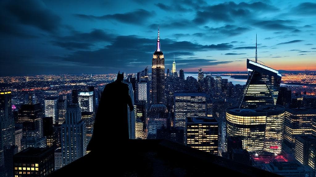 A dynamic collage of Gotham City's skyline at night, with Batman's silhouette perched on a rooftop, overlooking the city.
