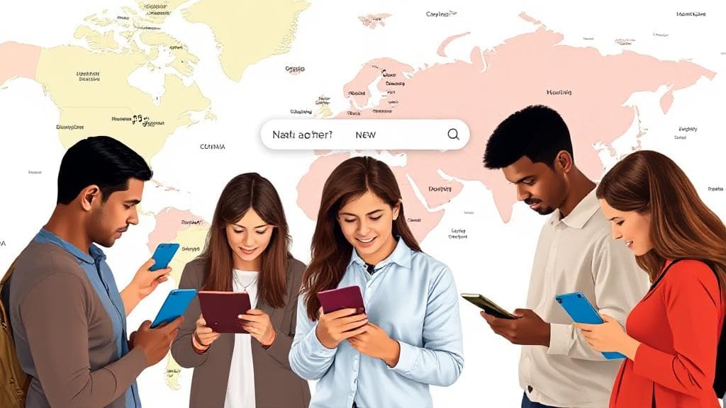 A diverse group of people using various digital devices to search for internet providers on a map background.