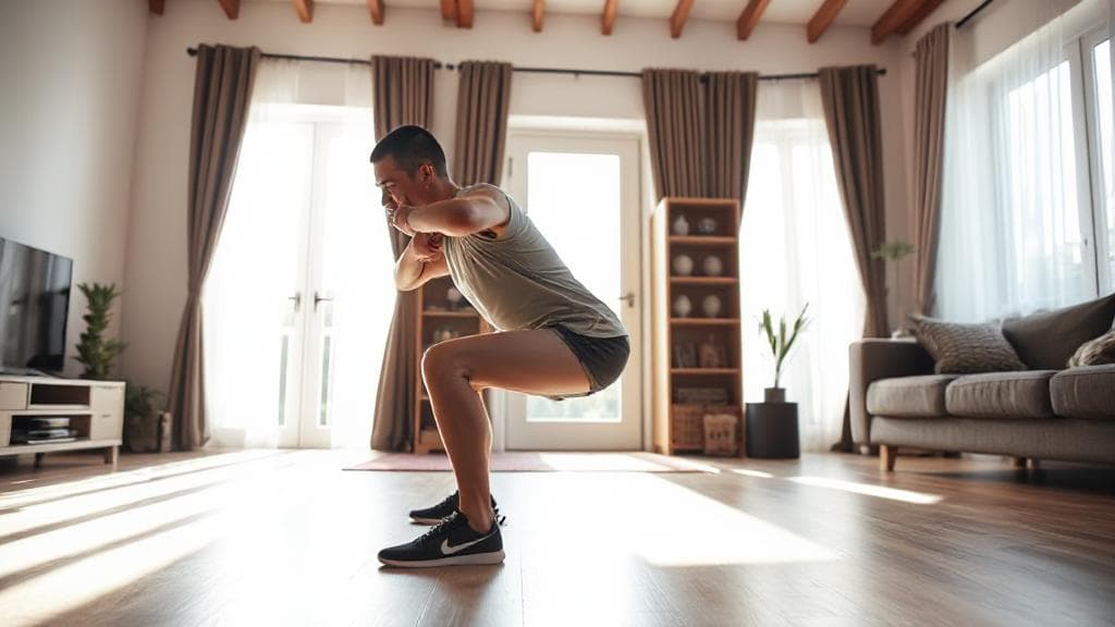A person exercising in a bright living room, performing bodyweight exercises like squats and push-ups with no equipment in sight.