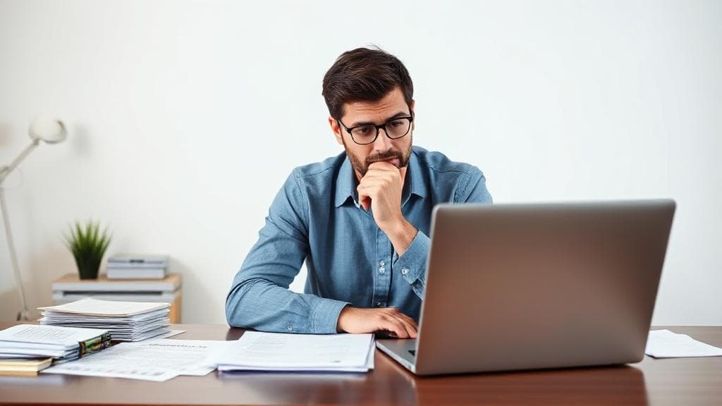 A thoughtful individual reviewing tax documents at a desk, surrounded by financial paperwork and a laptop, symbolizing the process of filing taxes without income.