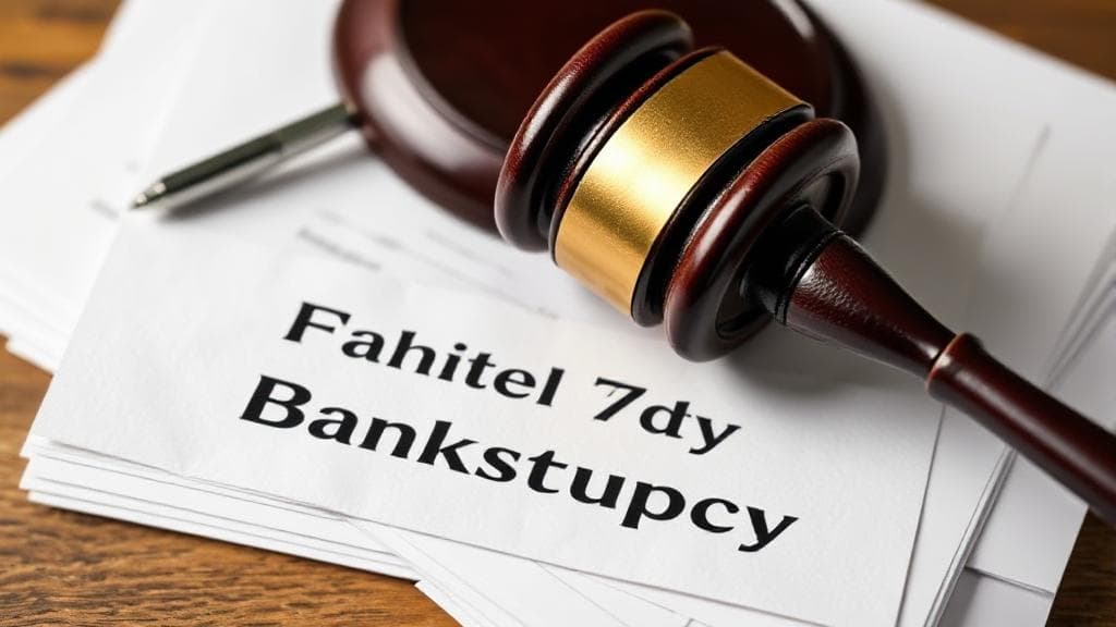 A somber gavel resting on a stack of financial documents, symbolizing the weighty decision of filing for Chapter 7 bankruptcy.