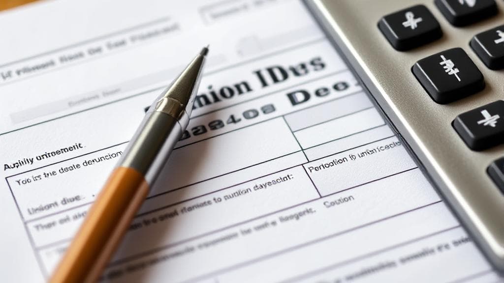 A close-up image of a tax form with a pen and calculator, symbolizing financial planning and tax deductions related to union dues.