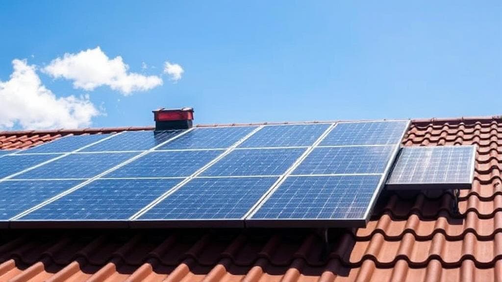 A rooftop adorned with gleaming solar panels under a bright blue sky, symbolizing sustainable energy investment.