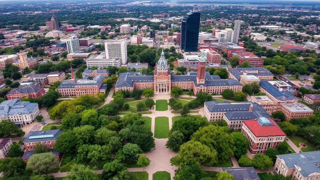 Aerial view of Southern Methodist University's picturesque campus nestled in the heart of Dallas, Texas.