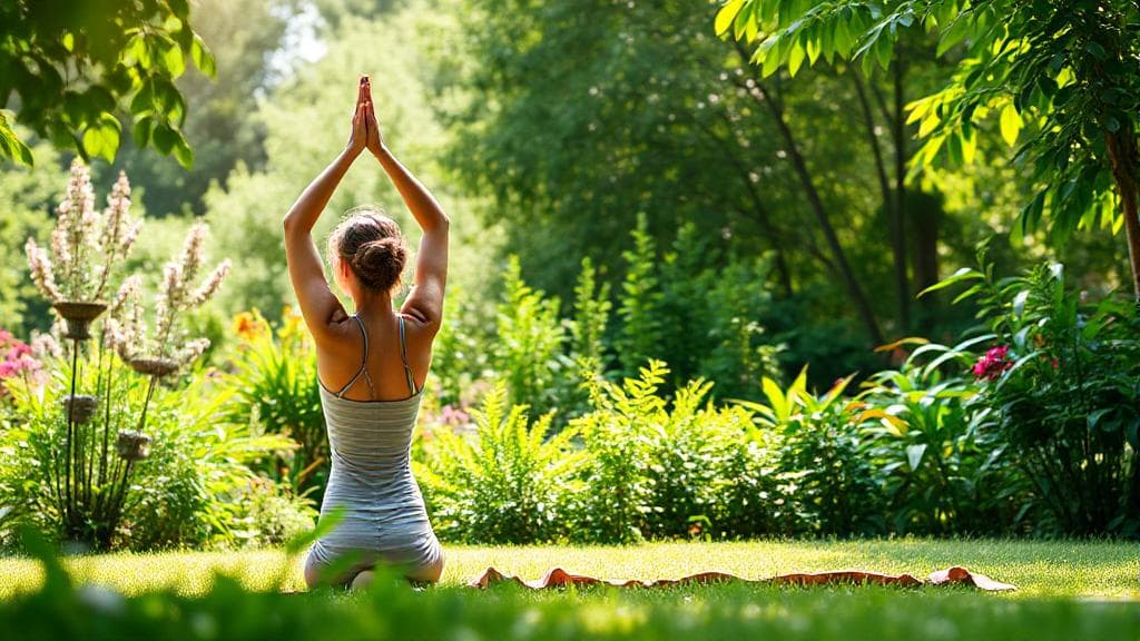 A serene image of a woman practicing yoga in a lush garden, symbolizing natural wellness and hormonal balance.