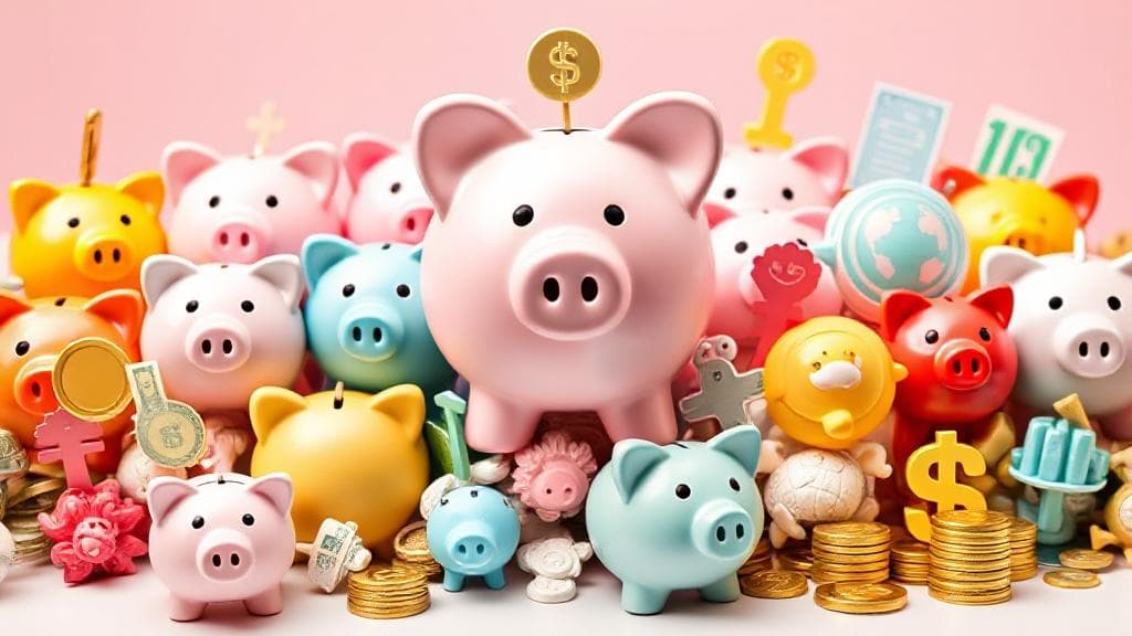 A diverse array of piggy banks and financial symbols illustrating various savings account options.