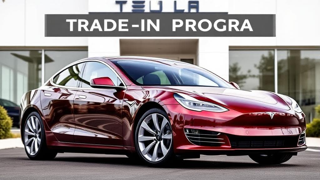 A sleek Tesla vehicle parked in front of a dealership, with a "Trade-In Program" banner prominently displayed above.