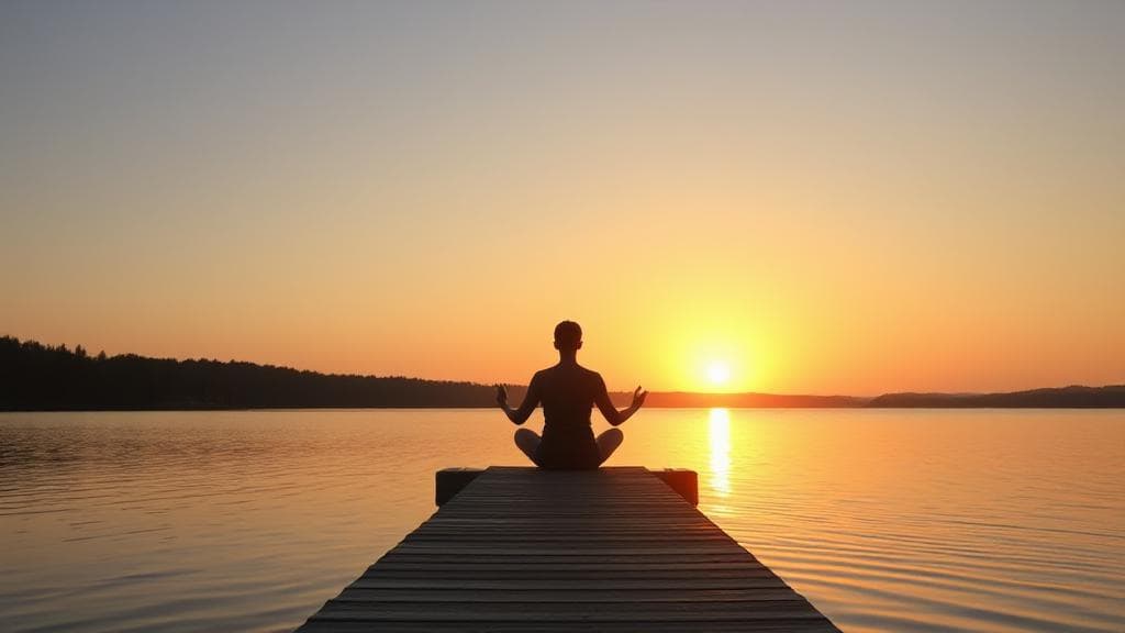 A serene sunrise over a calm lake, with a person meditating peacefully on a dock, surrounded by nature.