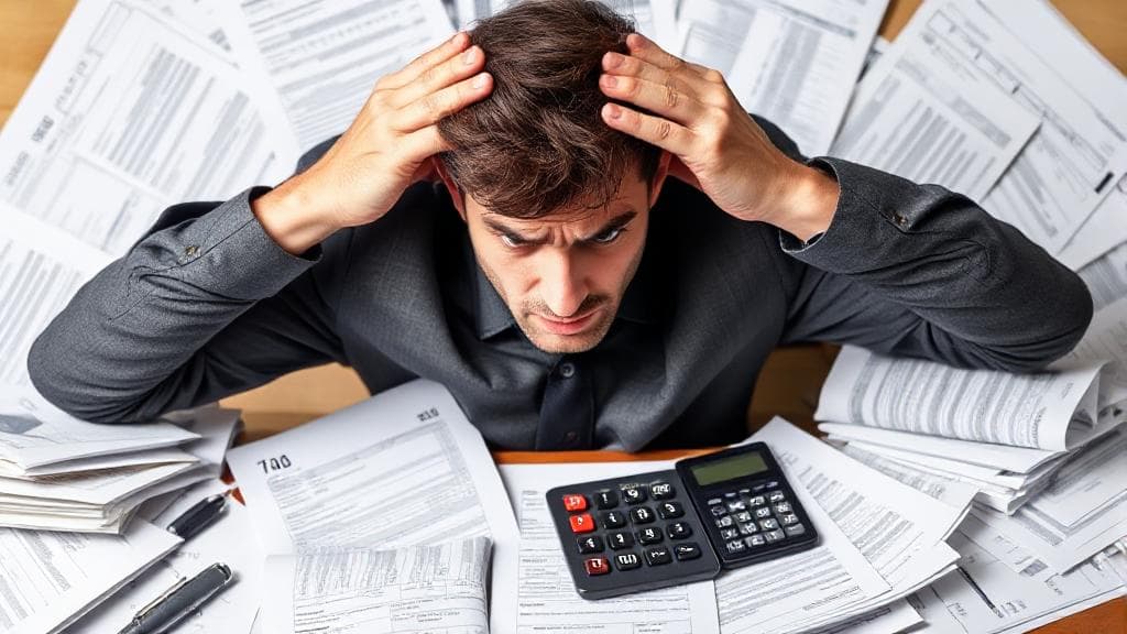 A stressed individual surrounded by tax documents and a calculator, symbolizing the confusion of owing money on a tax return.