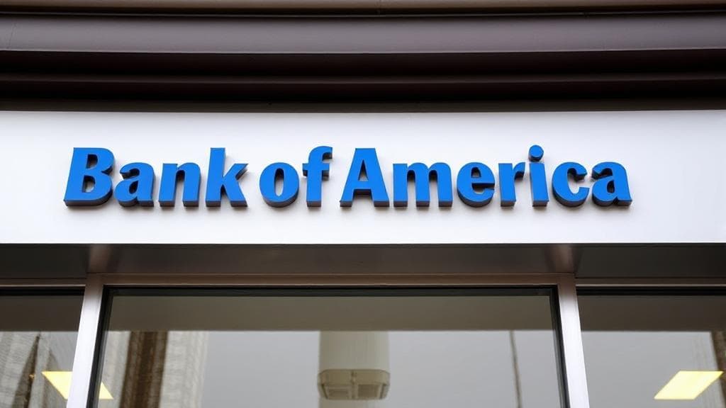 A close-up image of a Bank of America branch facade, with a focus on the bank's logo, symbolizing financial services and customer policies.