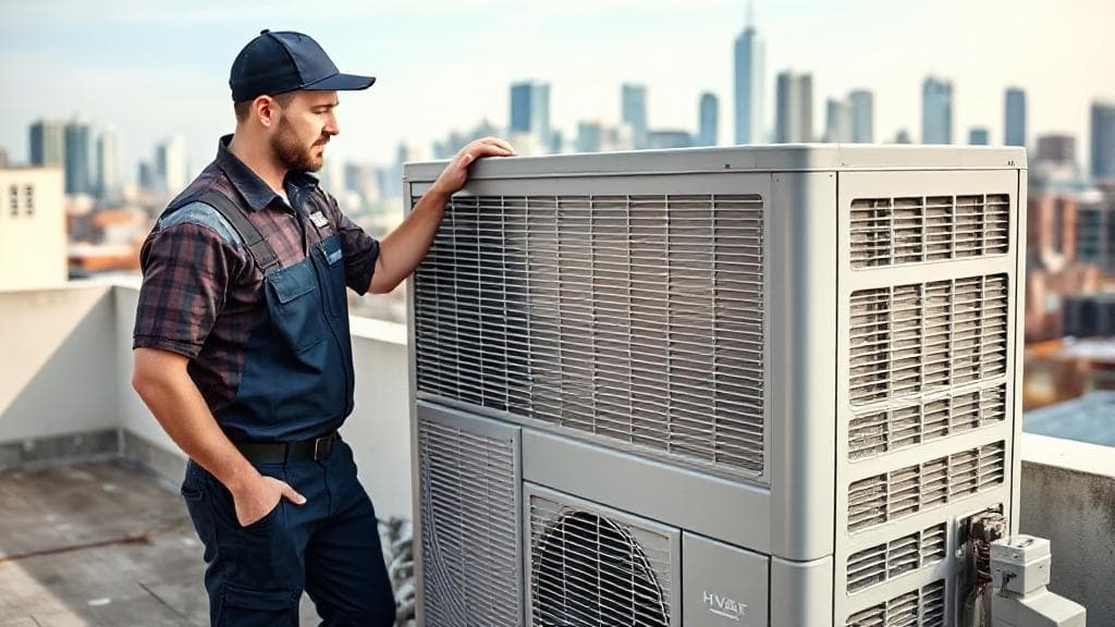 A professional HVAC technician inspecting a modern air conditioning unit on a rooftop with a city skyline in the background.