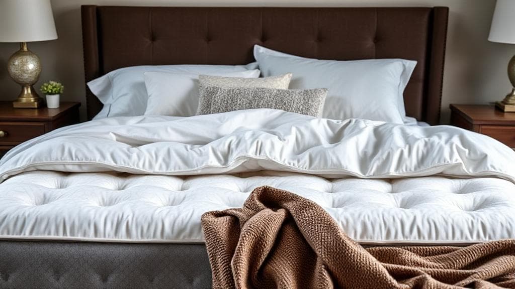 A cozy bedroom scene featuring a luxurious, neatly made bed with various mattress types and textures subtly highlighted.