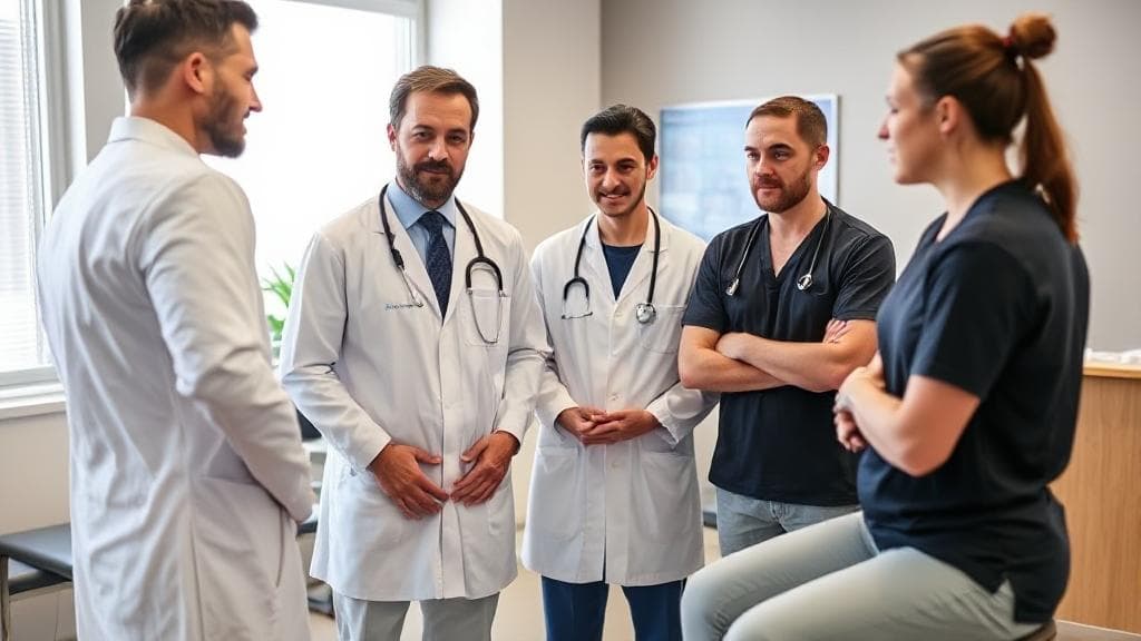 A diverse group of medical professionals, including a chiropractor, orthopedic surgeon, and physical therapist, discussing treatment options with a patient in a modern clinic setting.