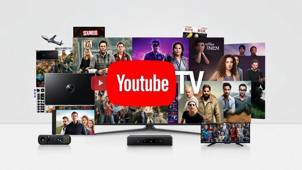 A vibrant collage of streaming devices, popular TV show icons, and the YouTube TV logo against a sleek, modern background.