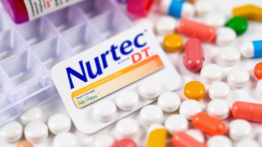 A close-up image of a pill organizer with Nurtec ODT tablets and various other medications scattered around, highlighting the importance of medication awareness.