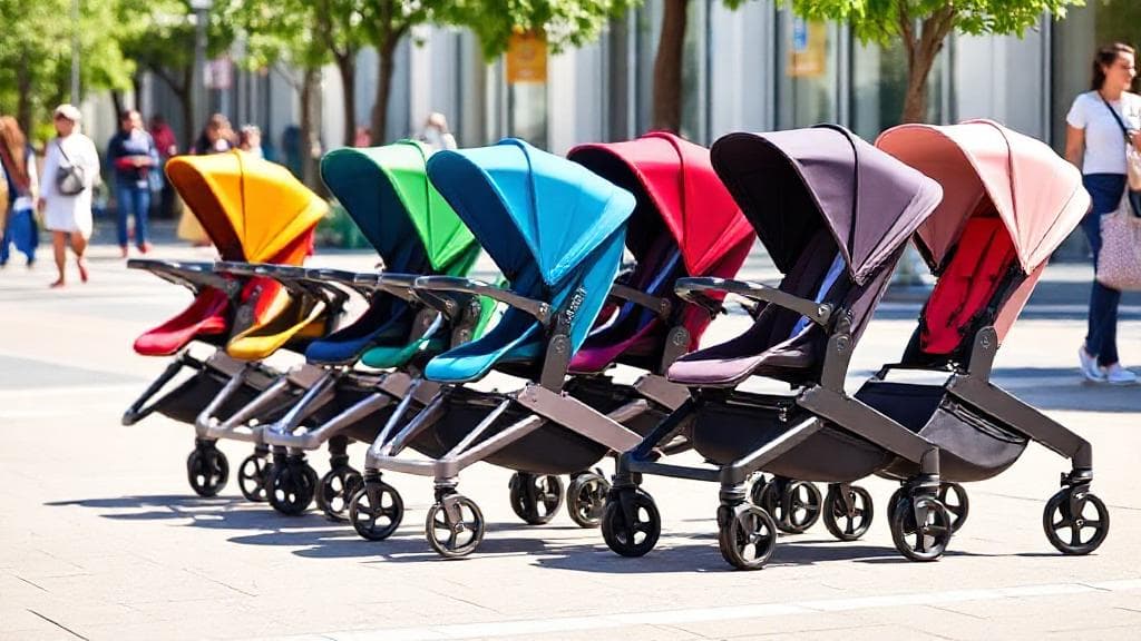 A lineup of sleek, modern strollers in vibrant colors, set against a bright, family-friendly urban backdrop.
