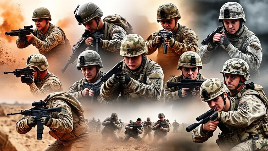 A dynamic collage of soldiers from different military branches engaged in intense training exercises, symbolizing the rigorous challenges faced by each.