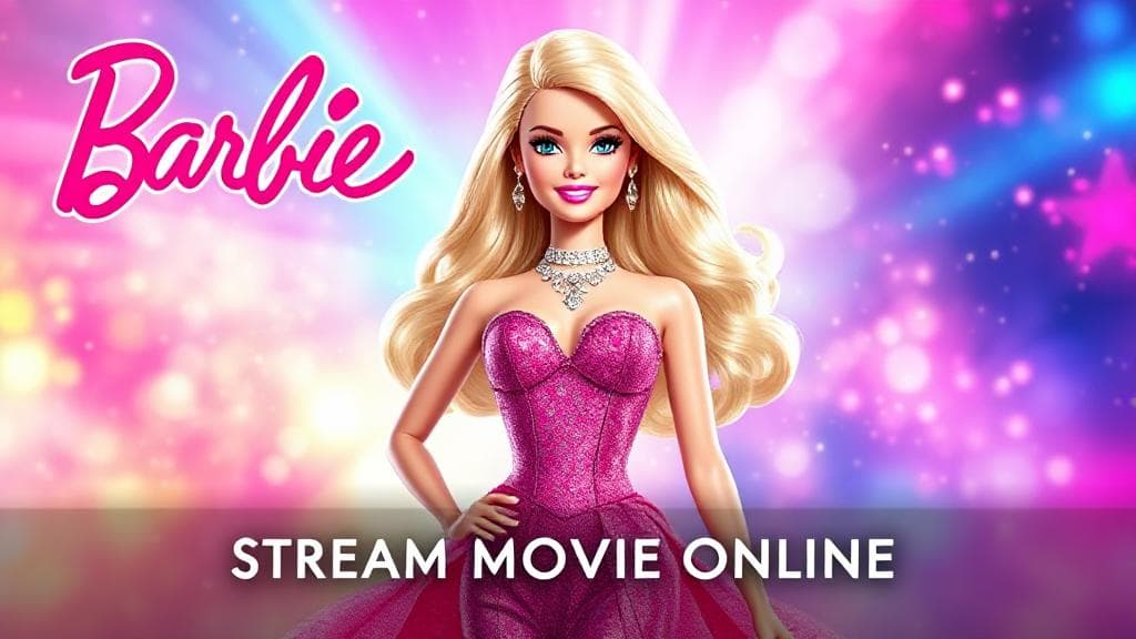 A vibrant header image featuring Barbie in a glamorous outfit, surrounded by a colorful, dreamlike backdrop, symbolizing the excitement of streaming her latest movie online.