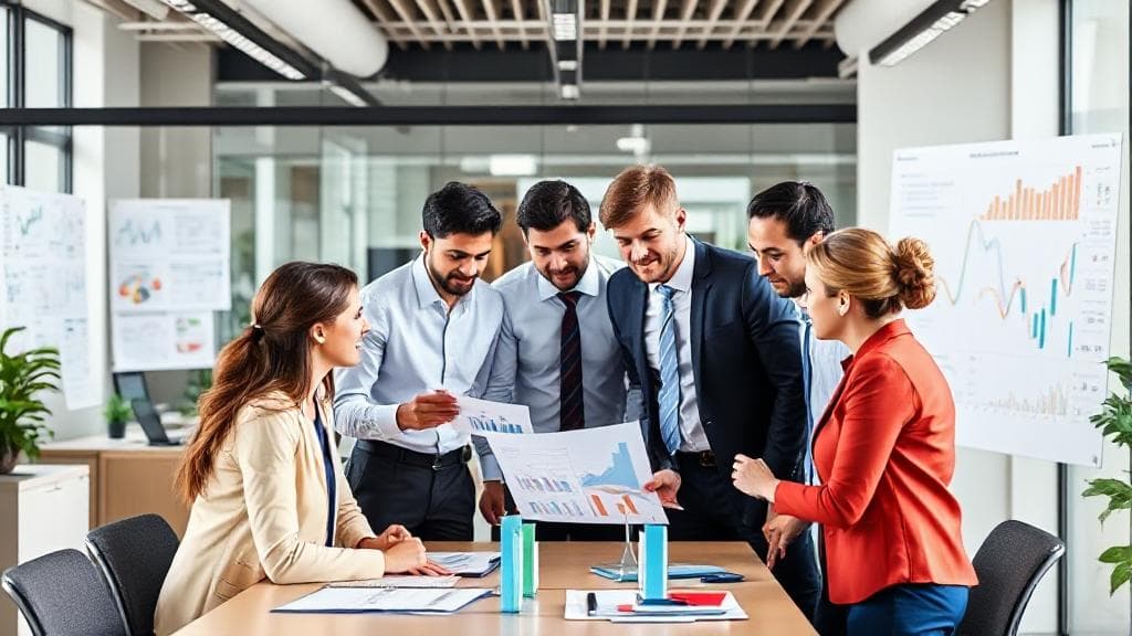 A diverse group of professionals collaborating in a modern office setting, surrounded by charts and graphs, symbolizing the multifaceted nature of business administration.