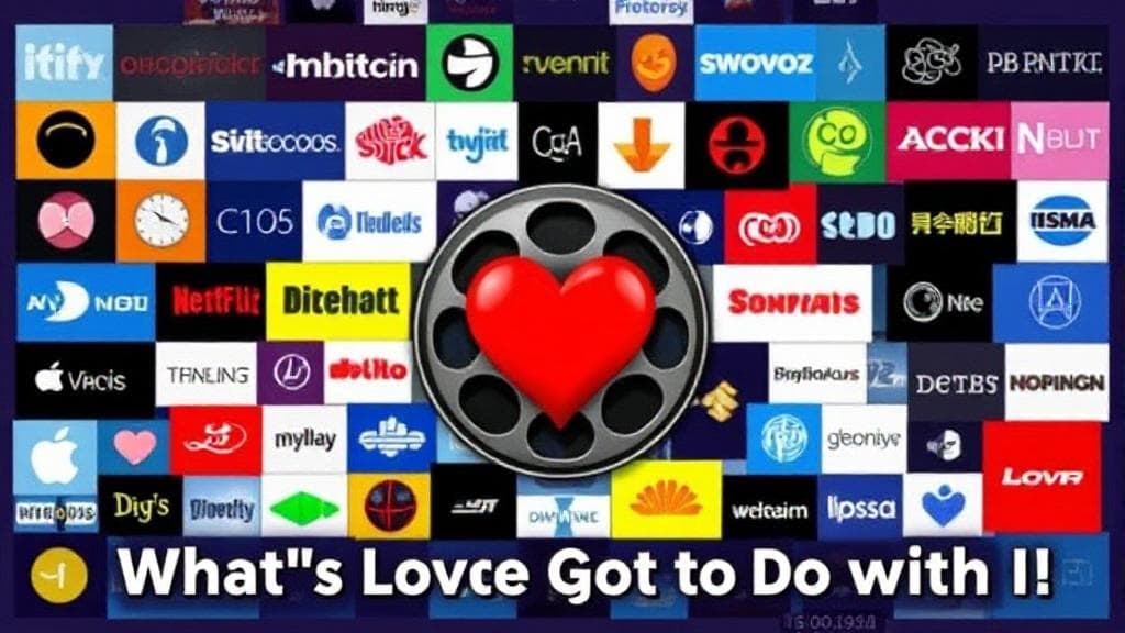 A vibrant collage of streaming platform logos surrounding a film reel and a heart, symbolizing the search for "What's Love Got to Do with It" online.