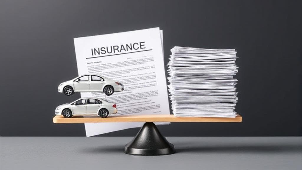A balanced scale with a car on one side and a stack of insurance policy documents on the other, symbolizing the decision-making process for car insurance coverage.