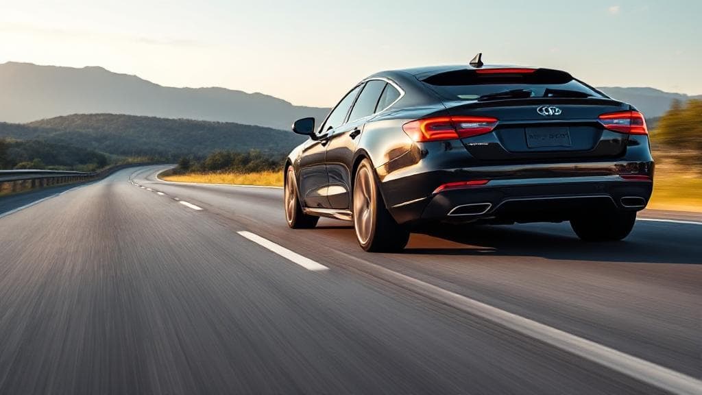 A sleek car driving down a scenic highway, symbolizing comprehensive protection and peace of mind.