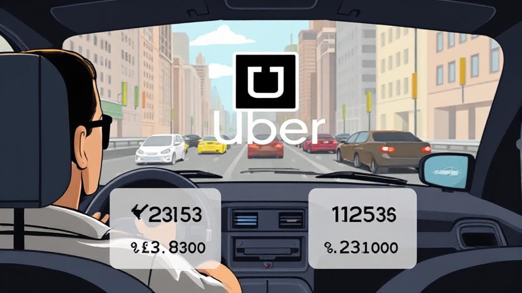 A dynamic illustration of a driver navigating city streets with Uber's logo and fee breakdown icons overlaying the scene.