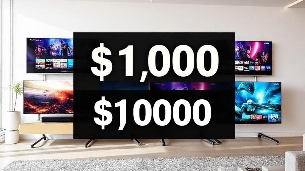 A sleek lineup of modern smart TVs displayed in a bright living room, each showcasing vibrant 4K content, with a bold "$1000" price tag graphic overlay.