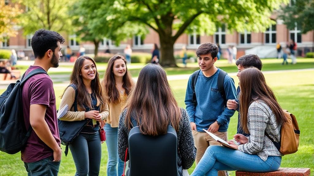 A diverse group of undergraduate students engaged in lively discussion on a university campus lawn.