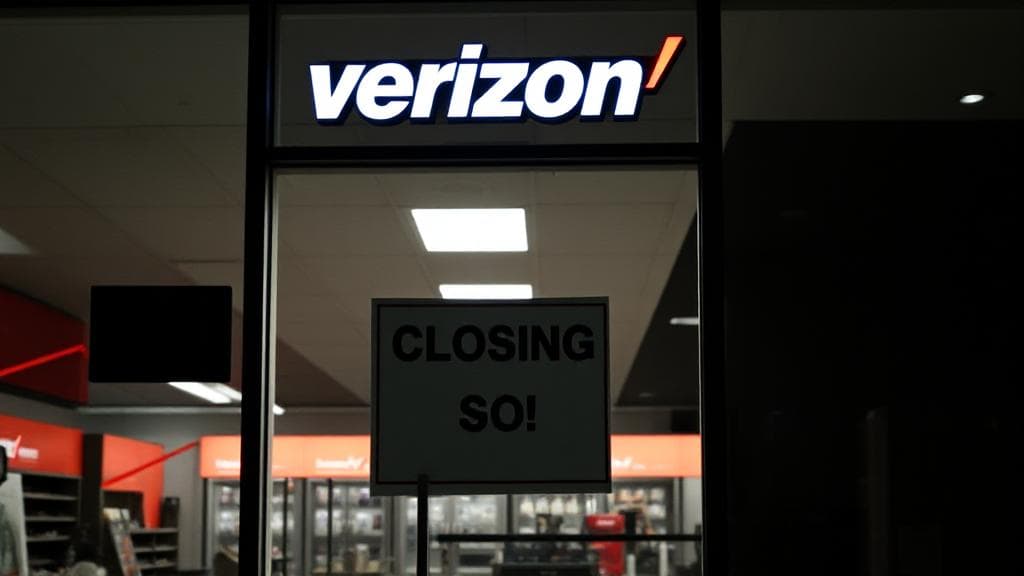 A dimly lit Verizon store with a "Closing Soon" sign displayed prominently on the glass door.