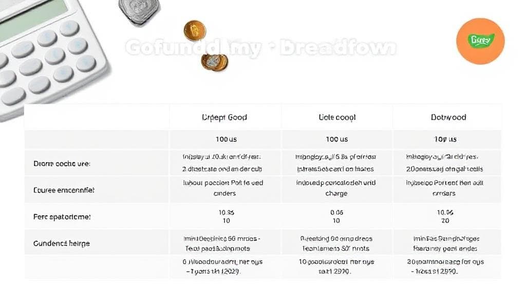 A detailed breakdown of GoFundMe's fees and charges, illustrated with a header image of a calculator, coins, and a GoFundMe logo.