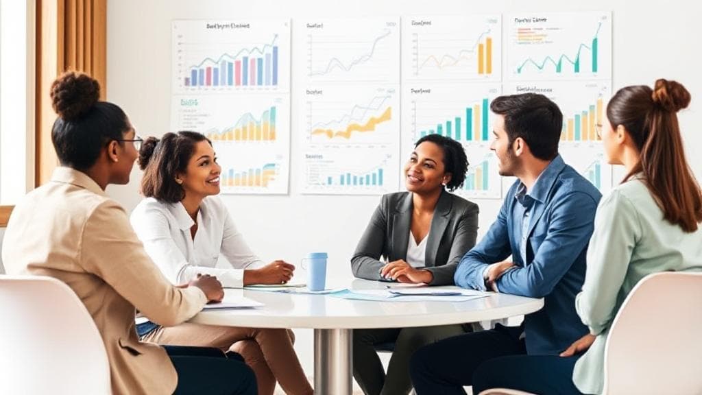 A diverse group of counselors engaged in a discussion, surrounded by charts and graphs depicting salary trends.