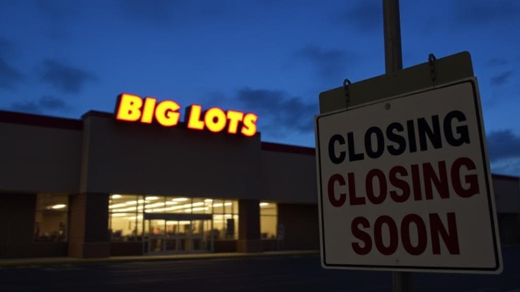 A Big Lots storefront at dusk with a "Closing Soon" sign prominently displayed.